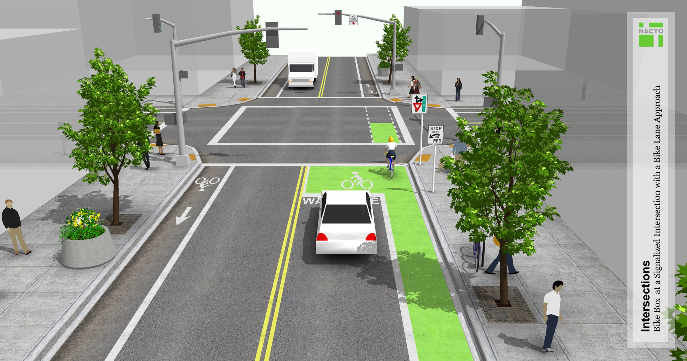 Infographic of a Bike Box at a signalized intersection with a bike lane approach